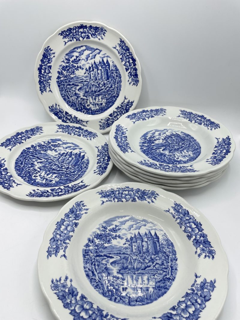 assiette vntage porcelaine pyroblan bleu