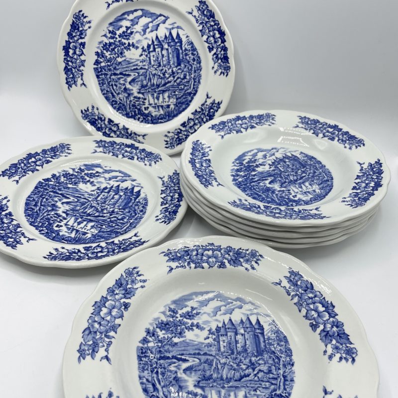 assiette vntage porcelaine pyroblan bleu