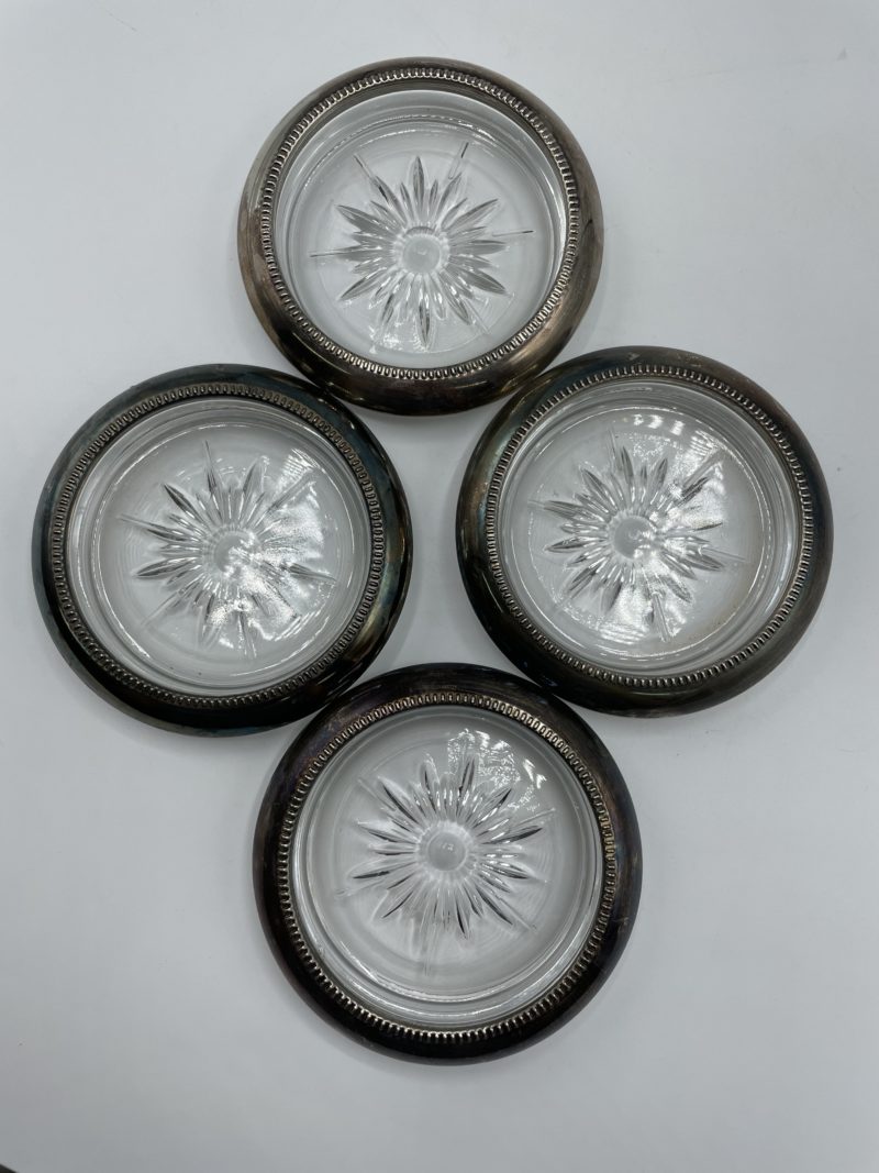 Lot de 4 sous verre vintage métal argenté style Leonard Silverplate – Image 4