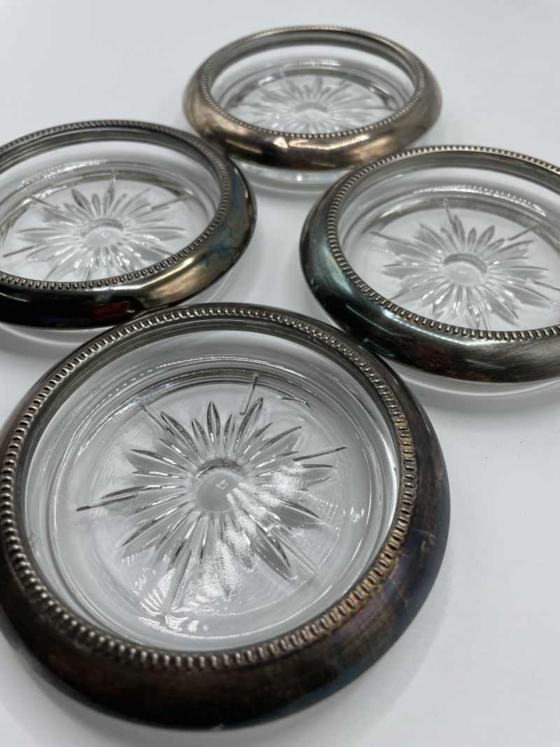 Lot de 4 sous verre vintage métal argenté style Leonard Silverplate – Image 2