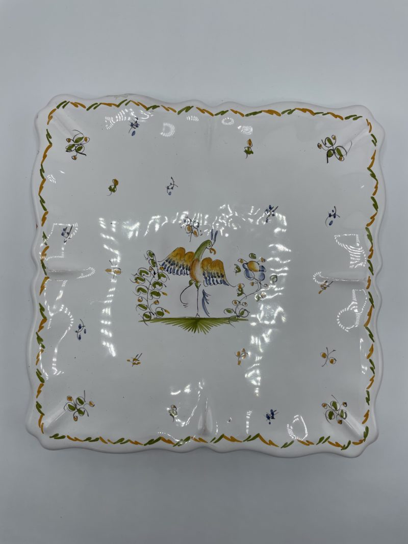 dessous plat carre vintage moustiers ceramique faience blanc oiseau