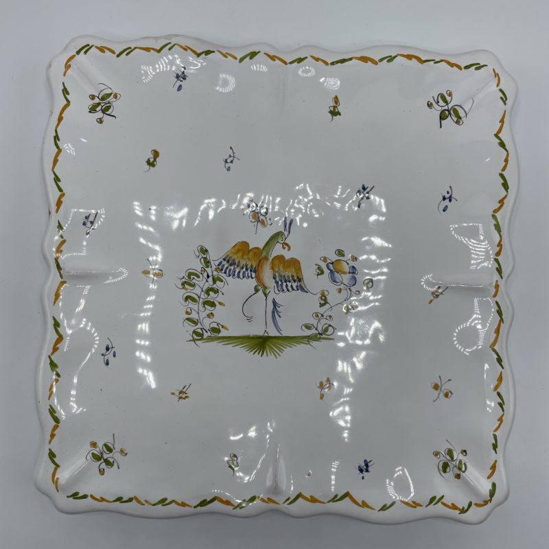 dessous plat carre vintage moustiers ceramique faience blanc oiseau