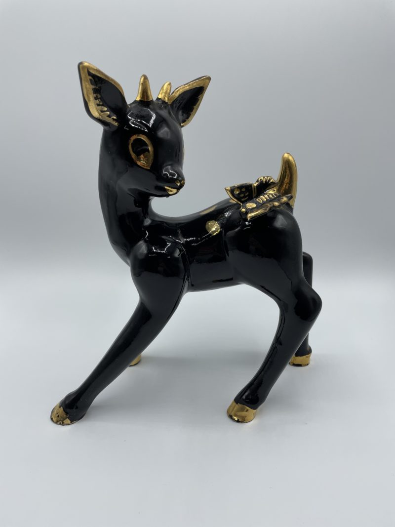 statue-deco-biche-vallauris-ceramique-noir-or-faon-chevre