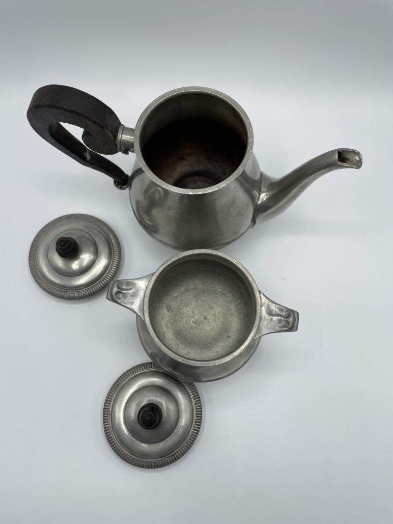 Duo théière sucrier étain argent et bois – Image 3