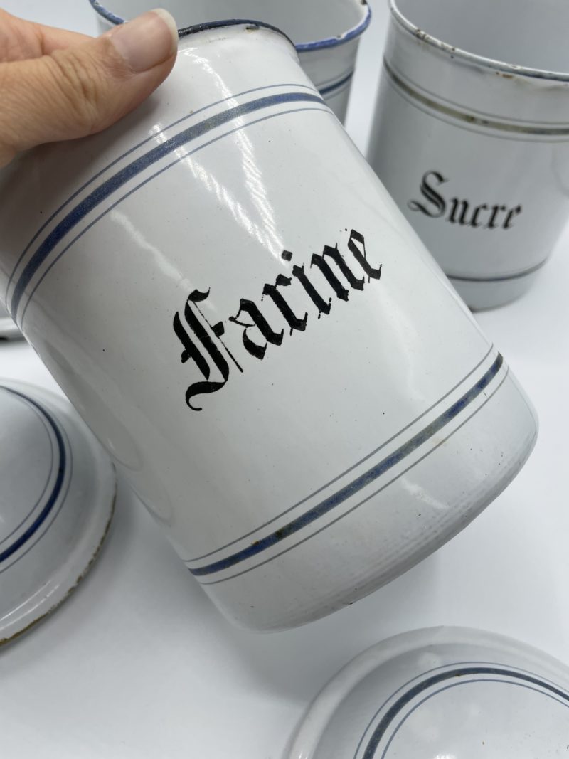 Lot de 3 pots à sucre, farine et café vintage ancien en métal émaillé – Image 13