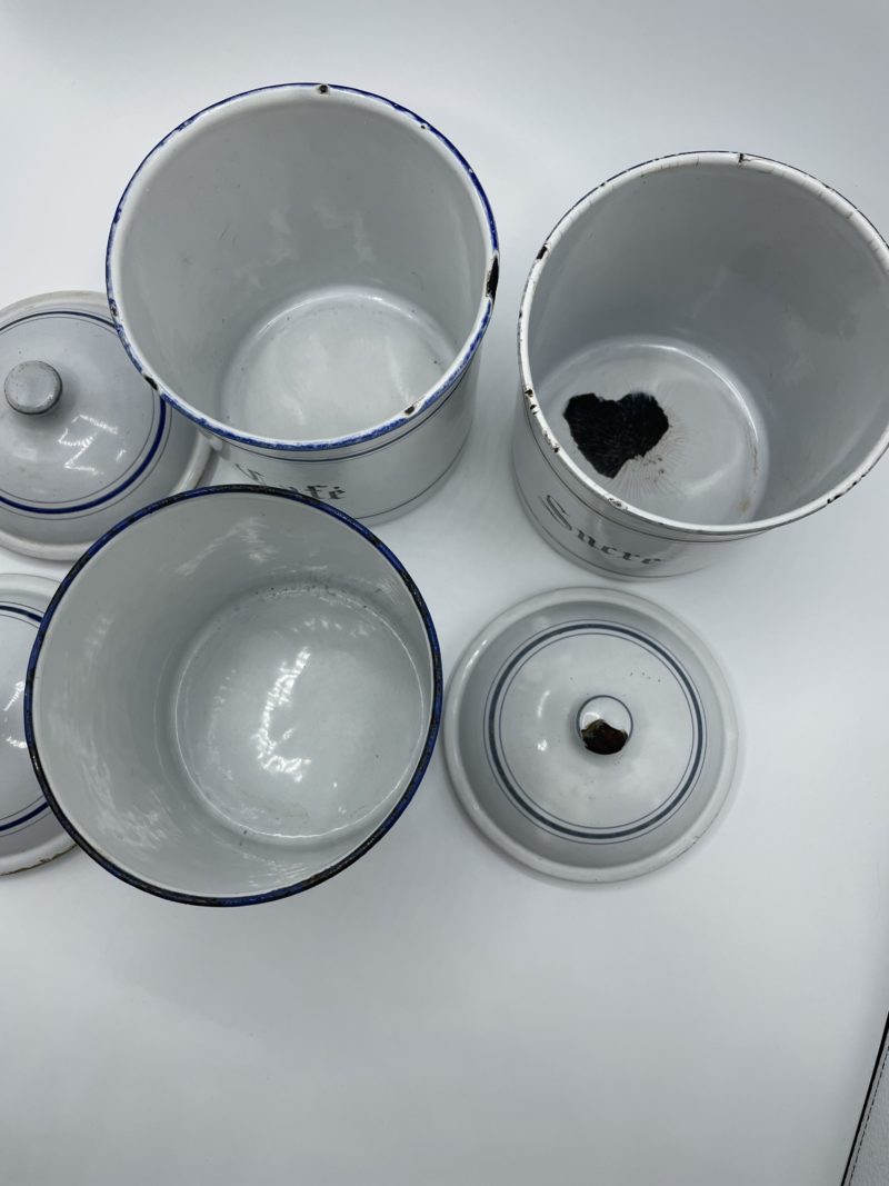Lot de 3 pots à sucre, farine et café vintage ancien en métal émaillé – Image 11