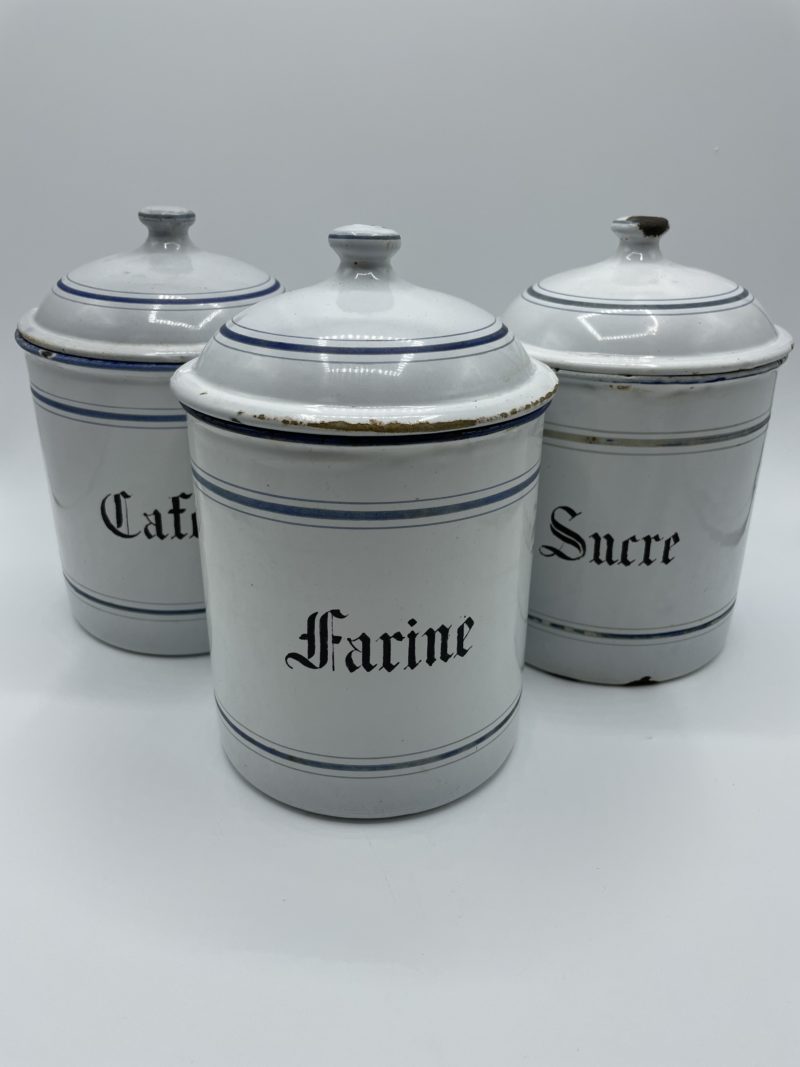 pot epices metal ancien vintage email tole blanc bleu sucre farine cafe