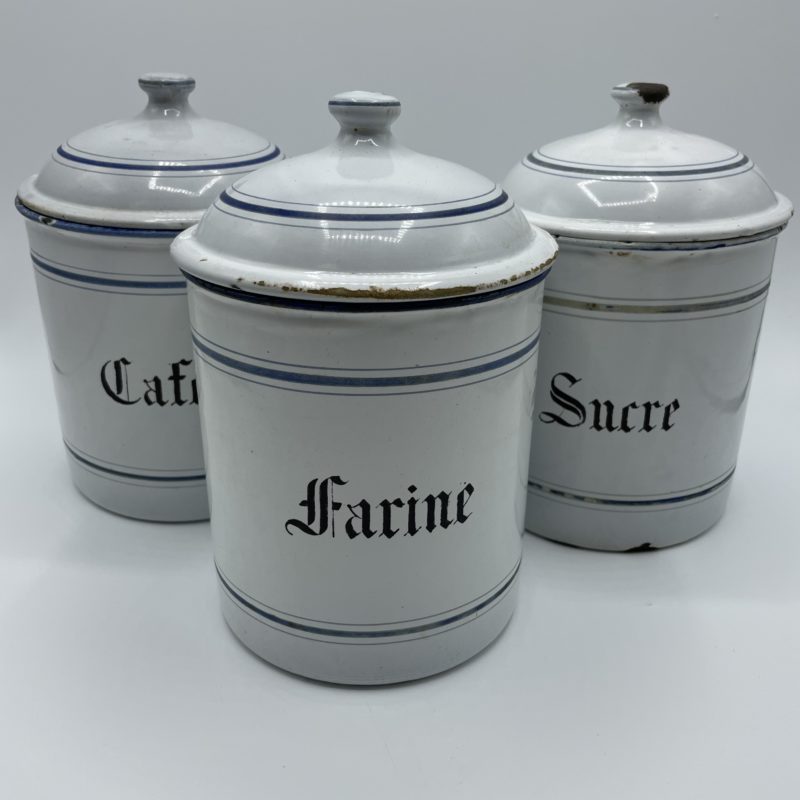 pot epices metal ancien vintage email tole blanc bleu sucre farine cafe