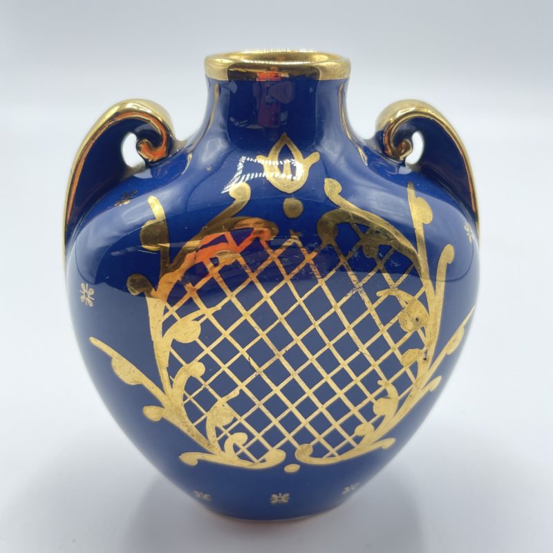 soliflore vase porcelaine limoges bleu or dore deco