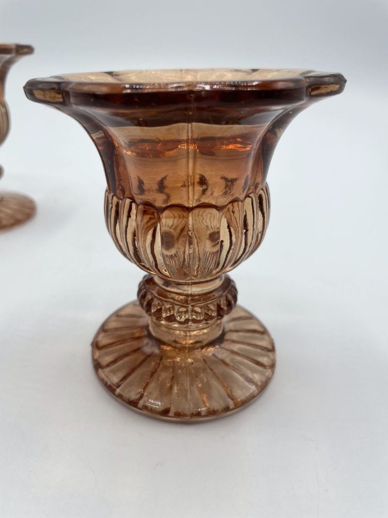 Duo bougeoirs à pied en verre style art déco ambre rose saumon – Image 4