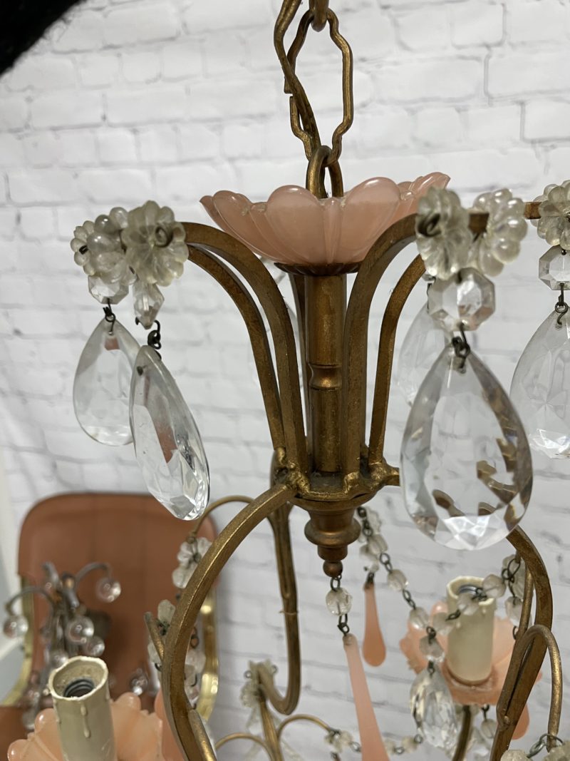 Lustre plafonnier vintage perles rose saumon et pampilles – Image 4