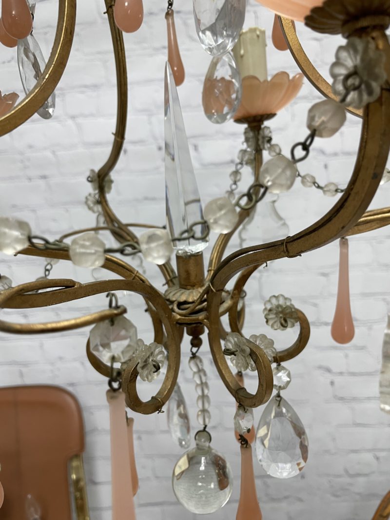 Lustre plafonnier vintage perles rose saumon et pampilles – Image 2