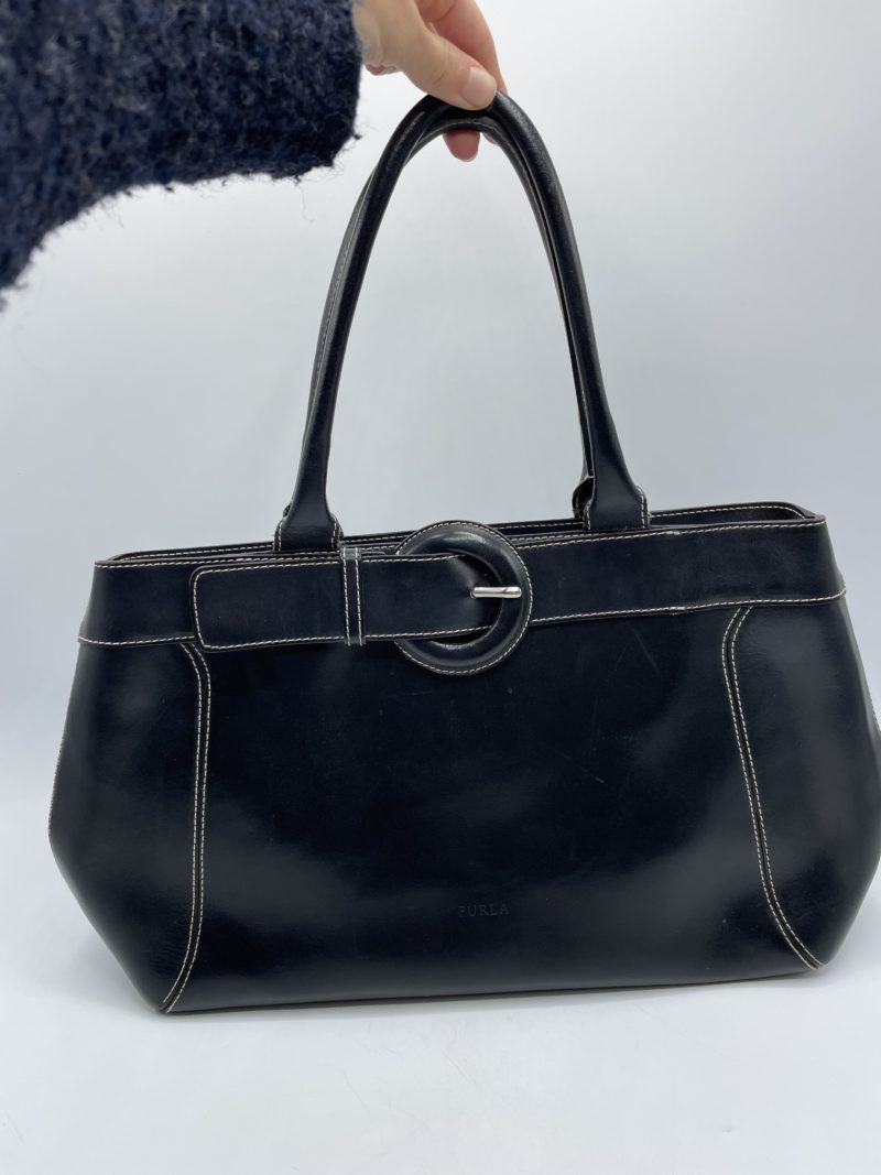 sac main vintage cuir noir furla seconde main