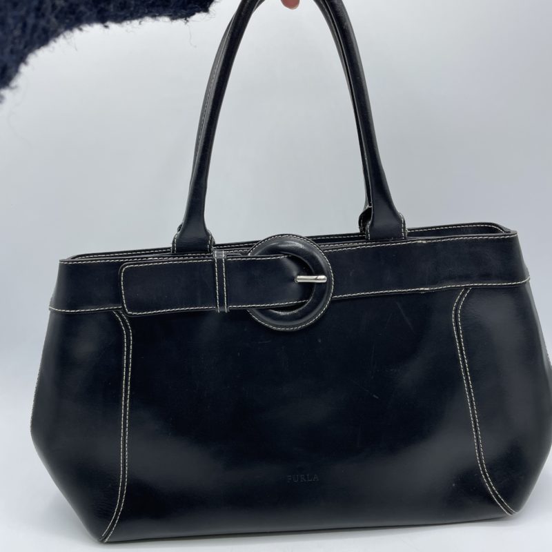 sac main vintage cuir noir furla seconde main