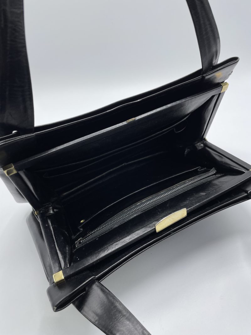 Sac à main vintage rigide cuir lisse noir – Image 2