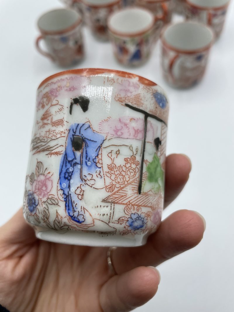 SService à thé tasses et soucoupes vintage en porcelaine du Japon rouge – Image 2