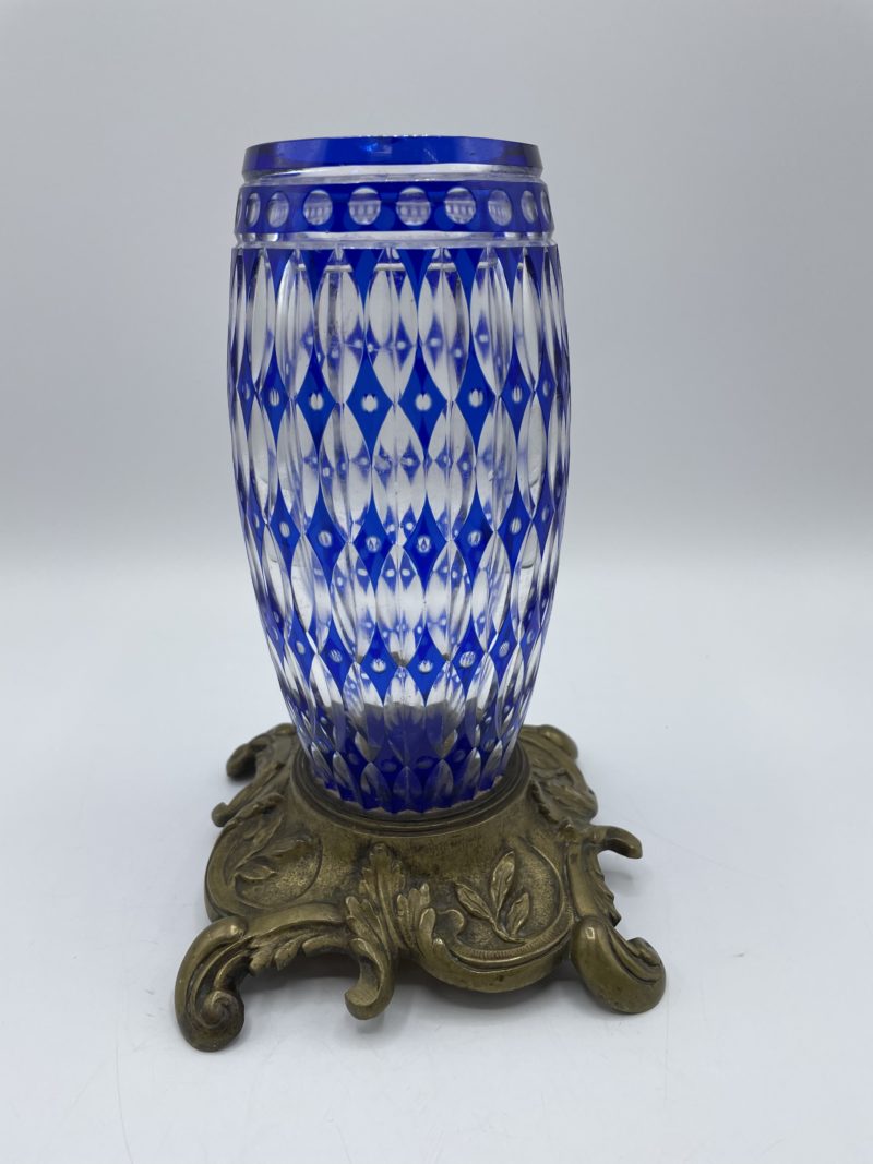 vase vintage verre cisele bleu pied laiton cristal saint louis