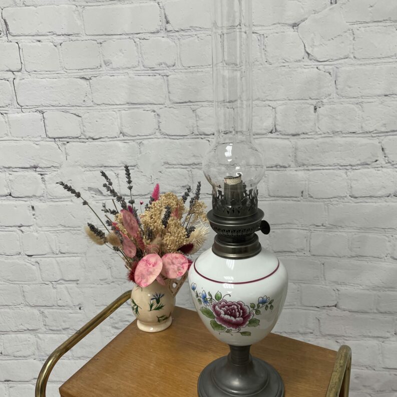 lampe petrole vintage faience etain