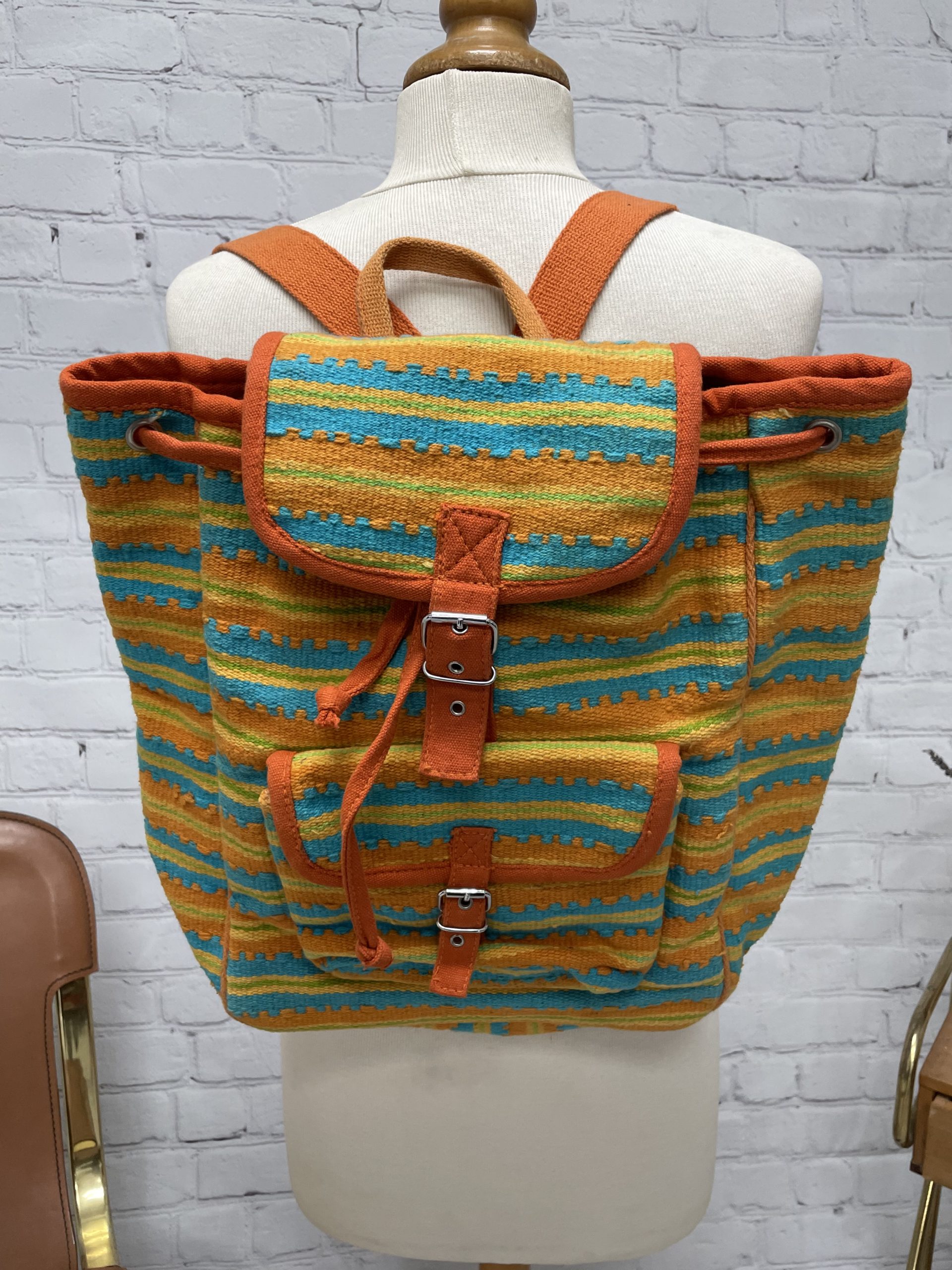 Sac à dos vintage 100% coton orange jaune bleu et vert style ethnique – Image 2