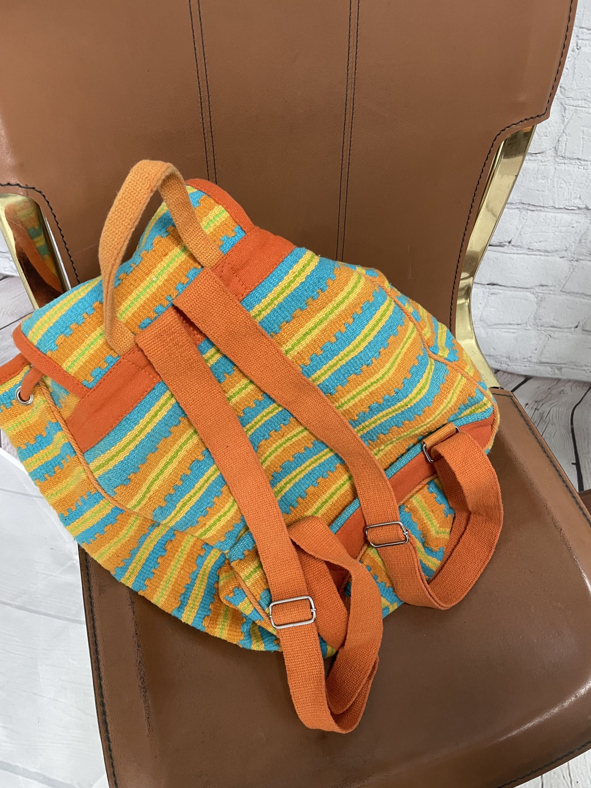 Sac à dos vintage 100% coton orange jaune bleu et vert style ethnique – Image 5