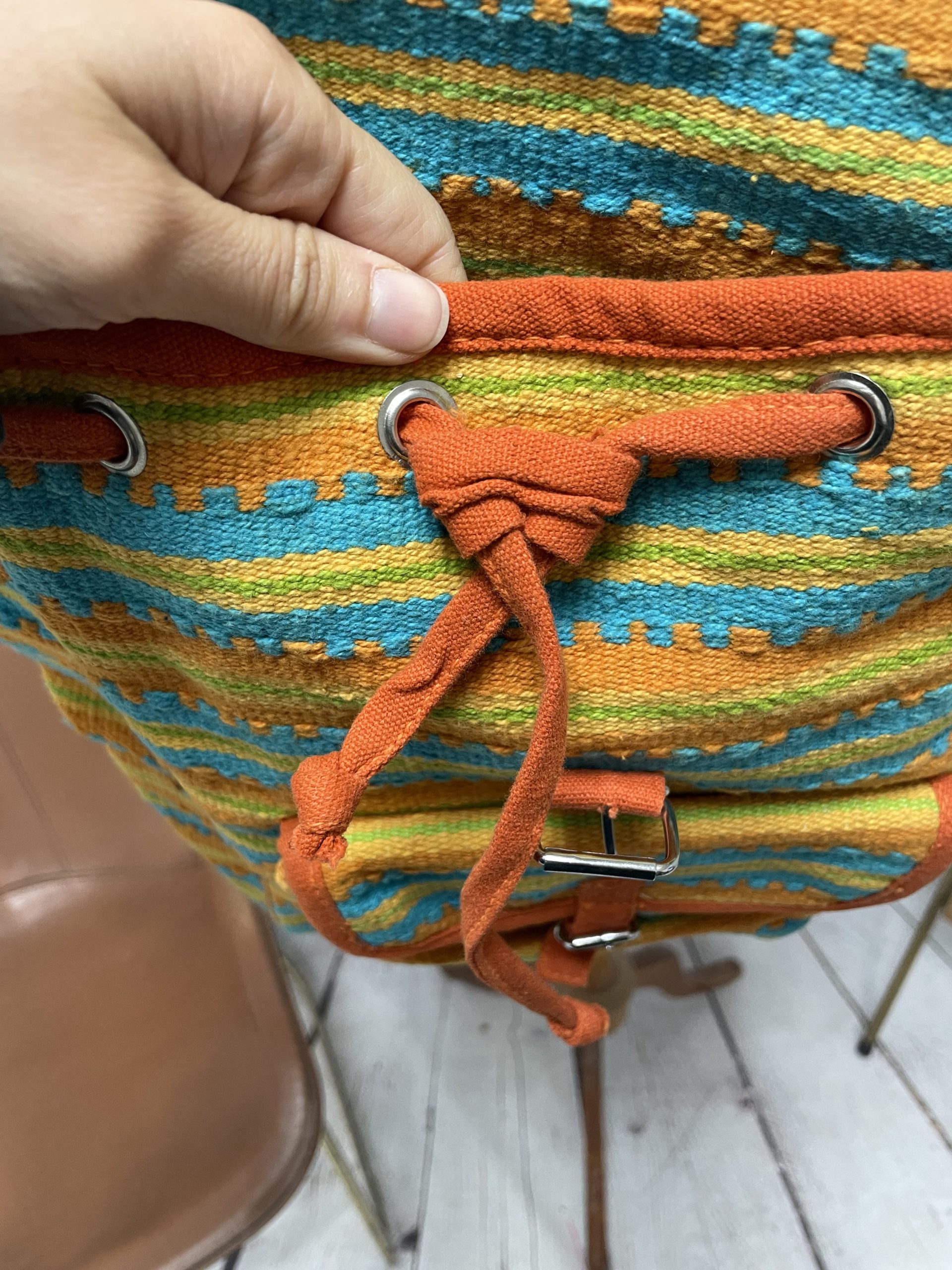 Sac à dos vintage 100% coton orange jaune bleu et vert style ethnique – Image 4