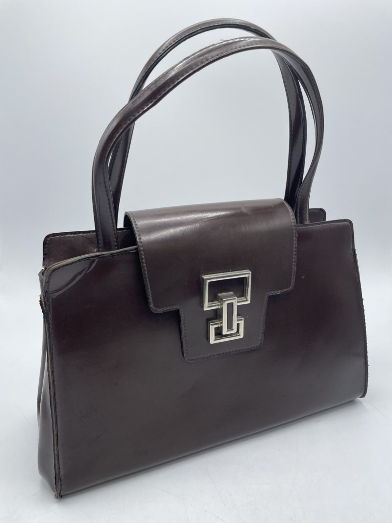 Sac à main vintage en cuir lisse chocolat – Image 11