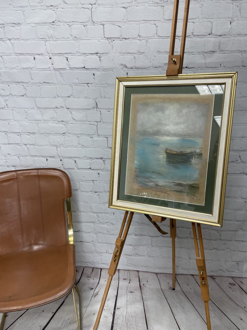 tableau aquarelle pastel peinture paysage mer bateau vintage cadre bois