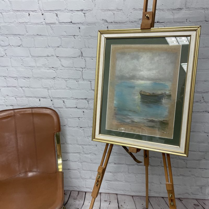 tableau aquarelle pastel peinture paysage mer bateau vintage cadre bois