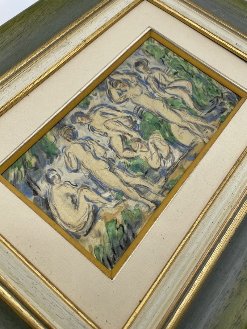 Tableau pastel gras scène baignade cadre bois vert – Image 8