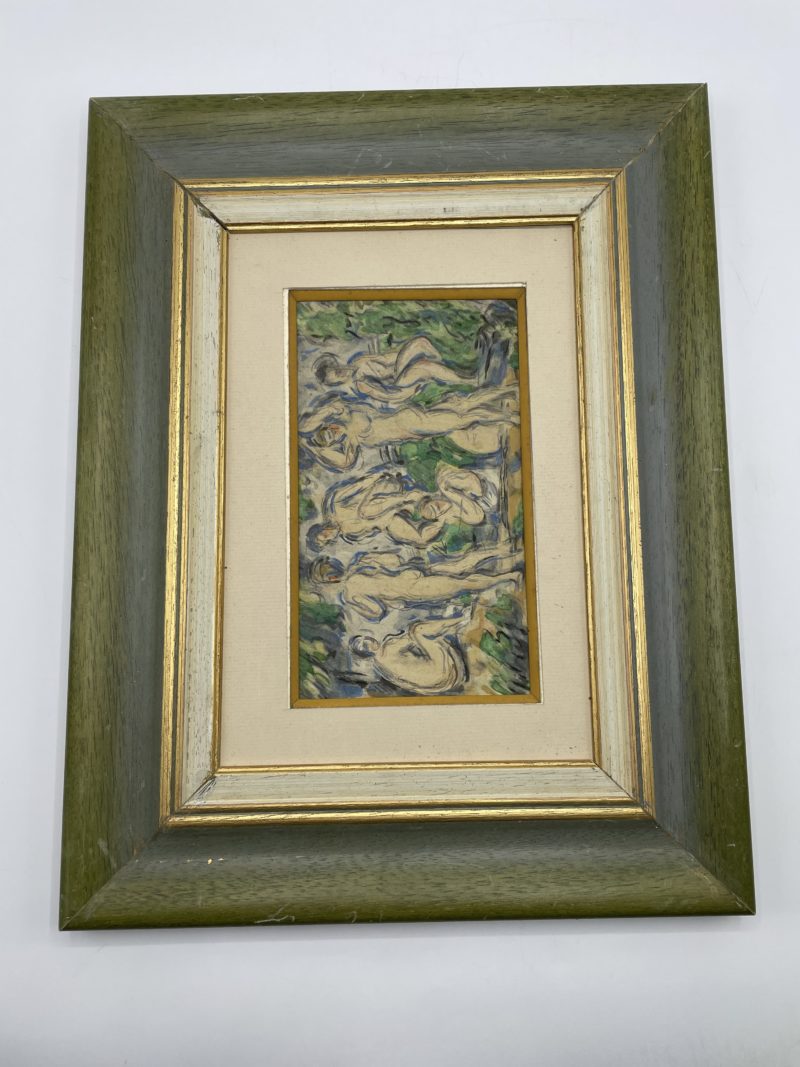 Tableau pastel gras scène baignade cadre bois vert – Image 2