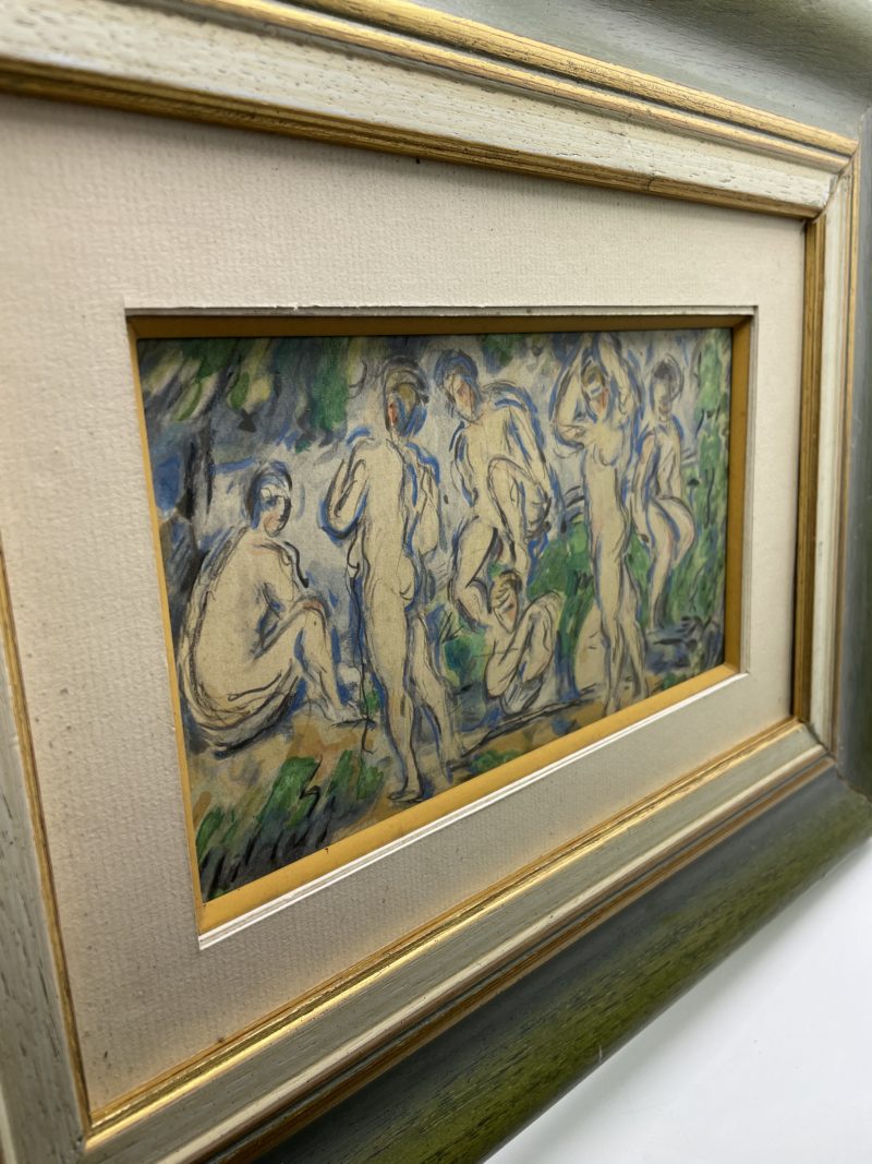Tableau pastel gras scène baignade cadre bois vert – Image 4
