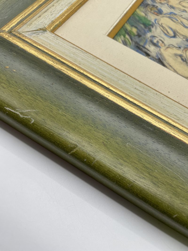 Tableau pastel gras scène baignade cadre bois vert – Image 5
