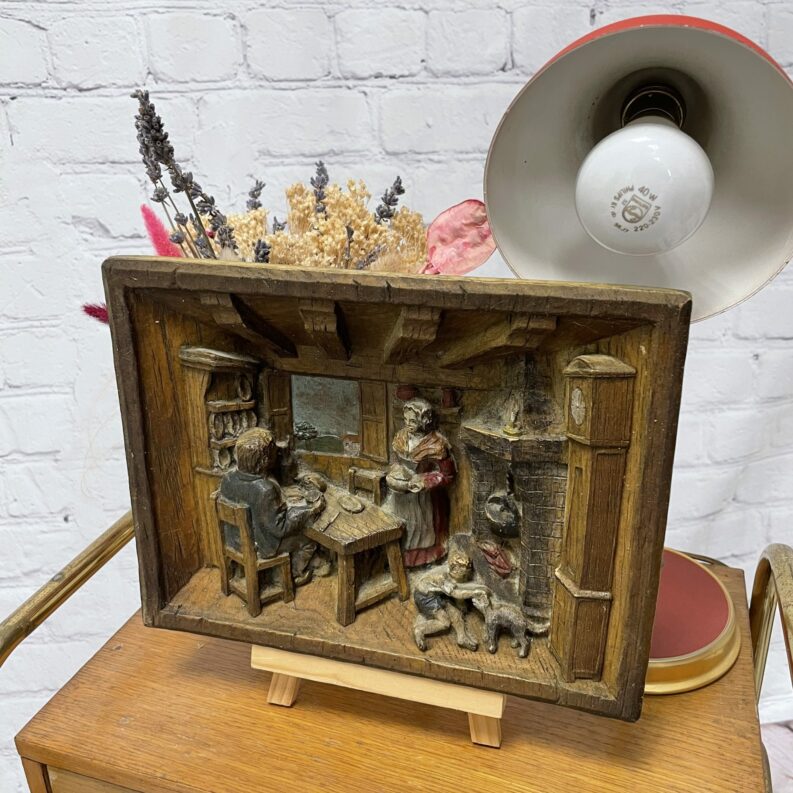 tableau sclupte relief bois panneau scene de vie paysan