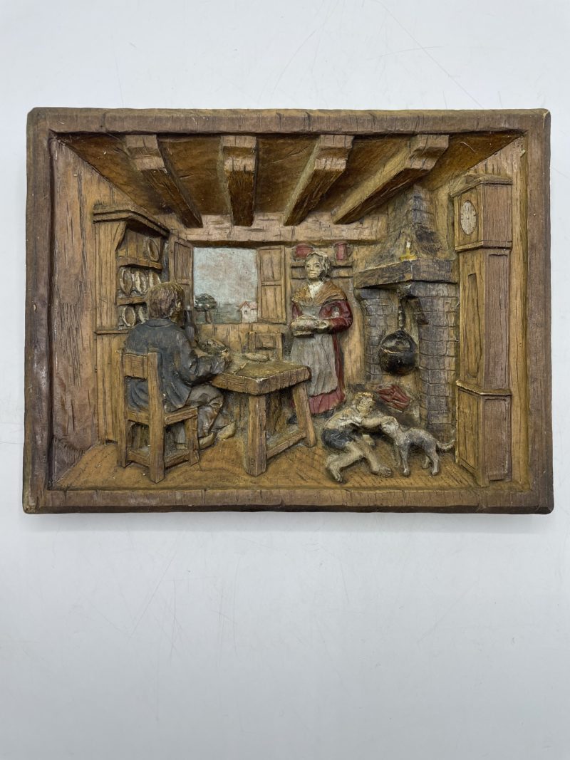 Tableau sculpté panneau bois en relief scène de vie paysanne vintage – Image 5
