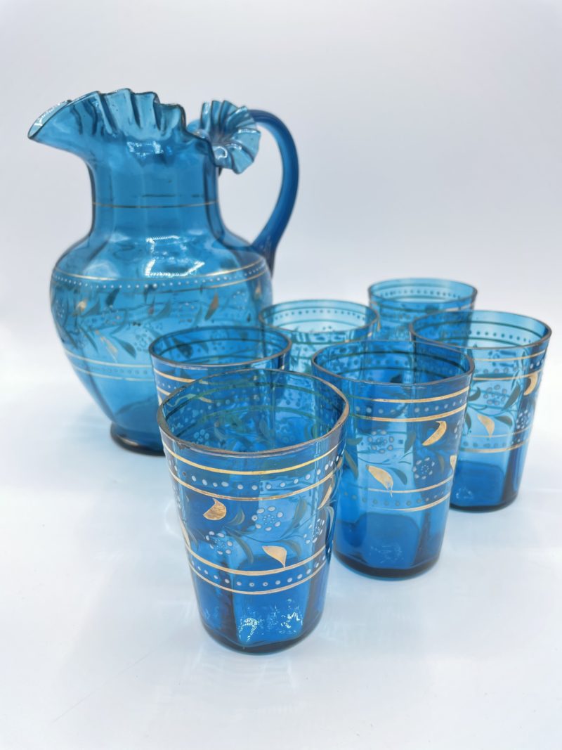 service cruche carafe verre bleu vaisselle vintage