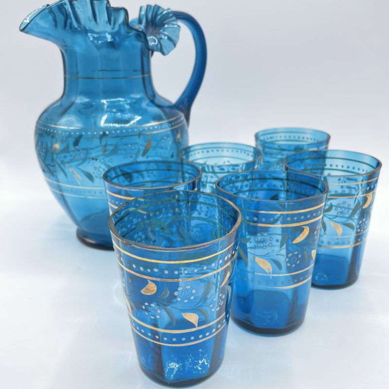 service cruche carafe verre bleu vaisselle vintage