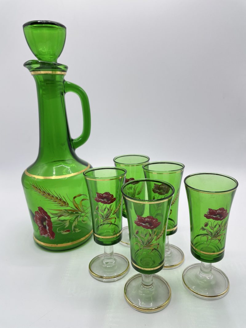 service carafe verre bouteille alcool verre vert vintage