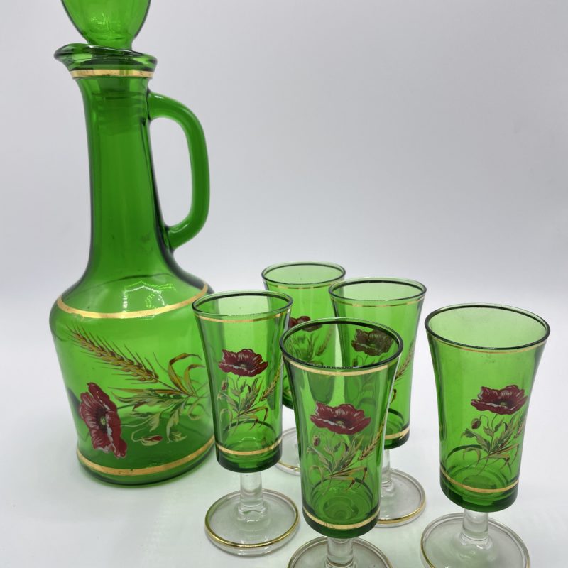 service carafe verre bouteille alcool verre vert vintage