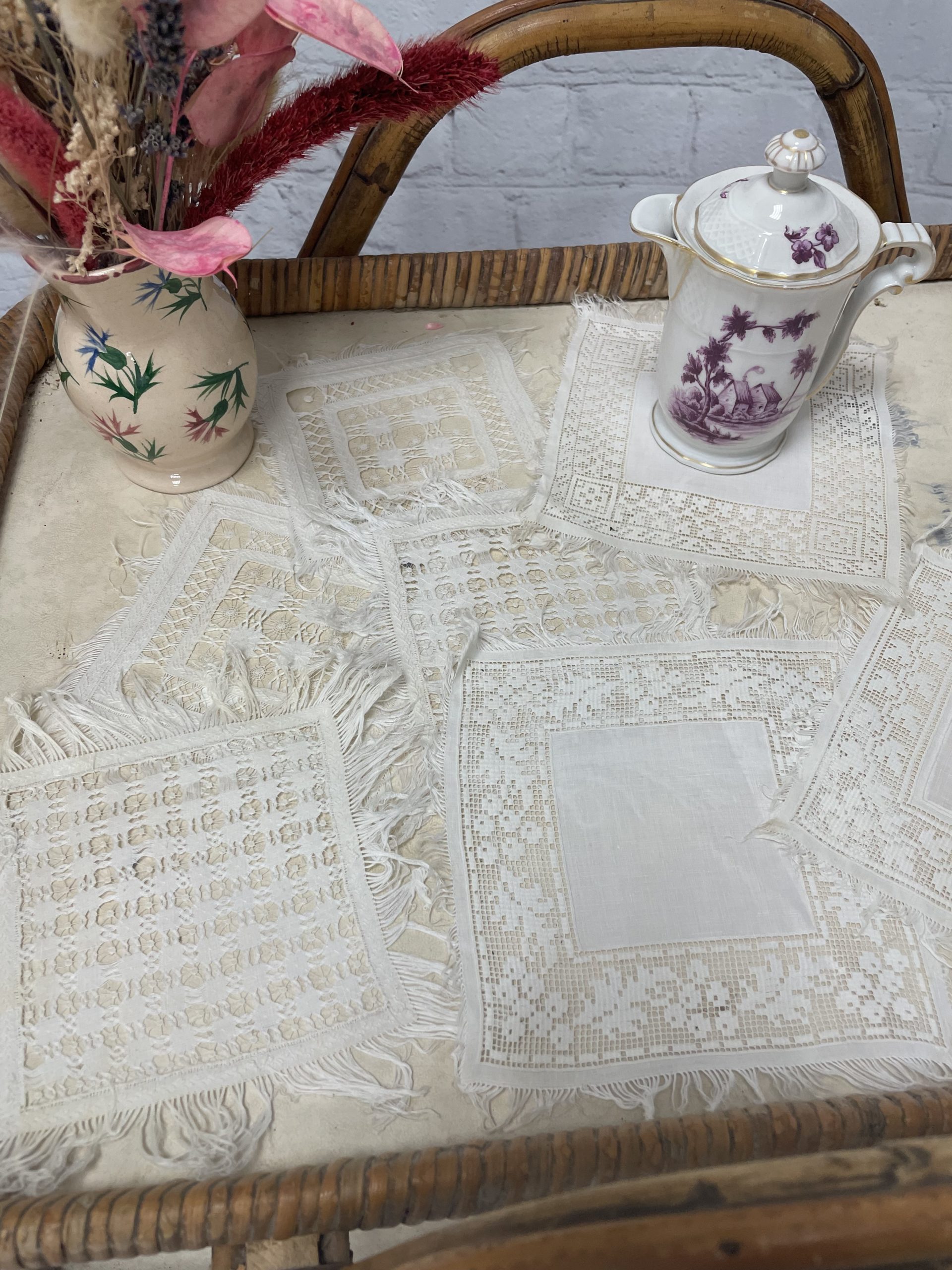 napperon carre vintage crochet broderie frange