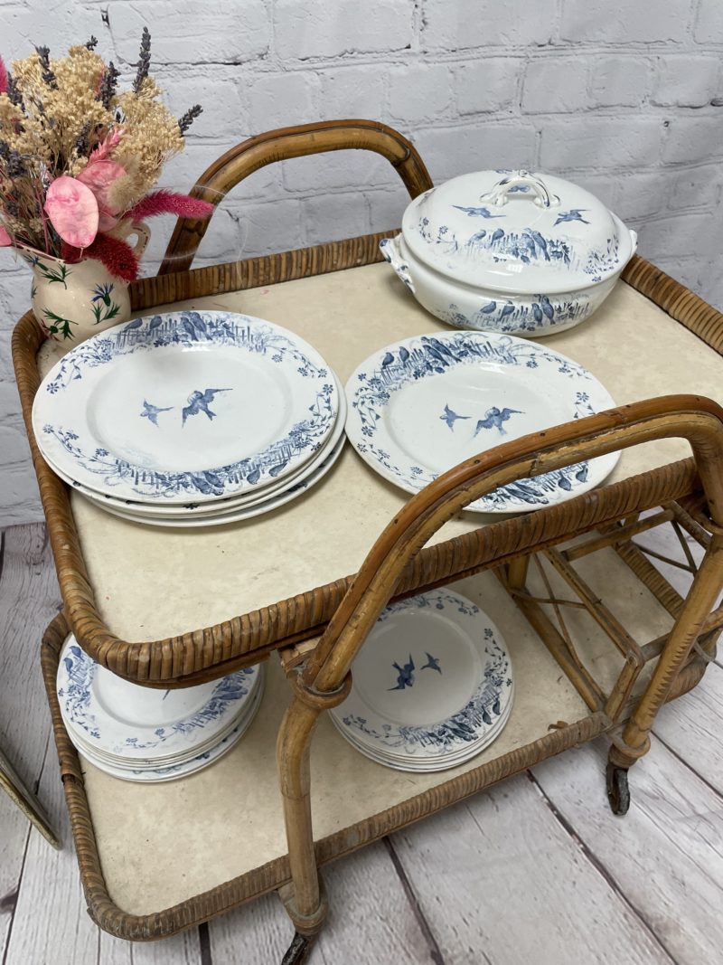 service vaisselle vintage soupiere assiette terre de fer bocage oiseau bleu