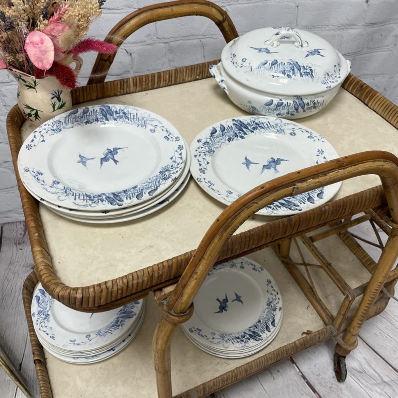 service vaisselle vintage soupiere assiette terre de fer bocage oiseau bleu