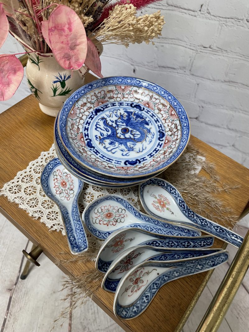 Lot de 6 bols chinois et 6 cuillères bleu dragon