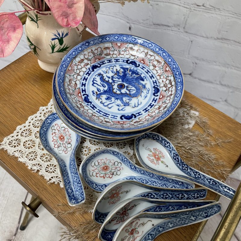 Lot de 6 bols chinois et 6 cuillères bleu dragon