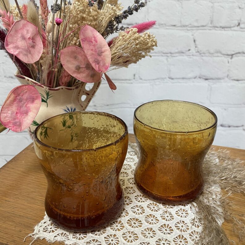 Duo gobelets eau verre soufflé ambré ocre