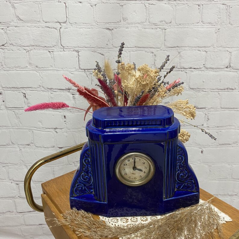 Ancienne pendule garniture de cheminée en faïence Digoin Sarreguemines art déco bleu