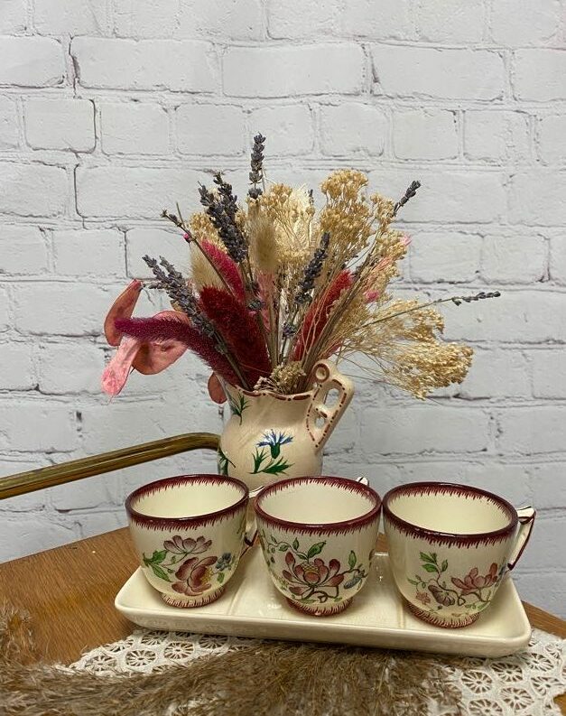 Lot 3 tasses à café et plateau compartimenté vintage Sarreguemines.