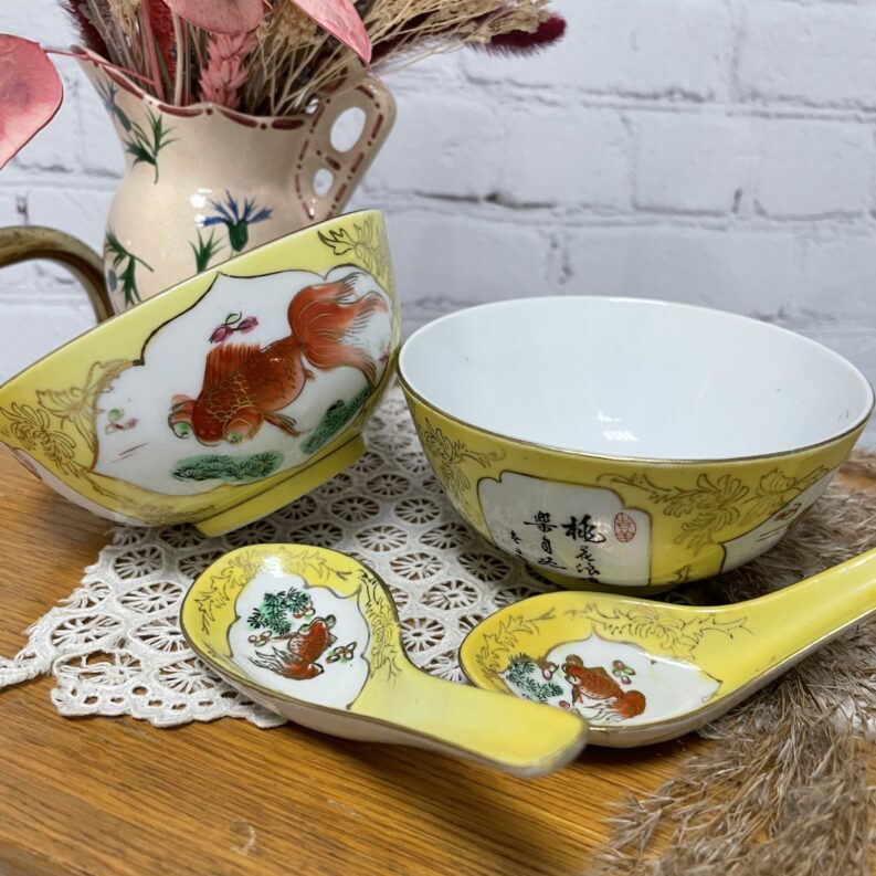 Duo bols et cuillères chinois jaune vintage