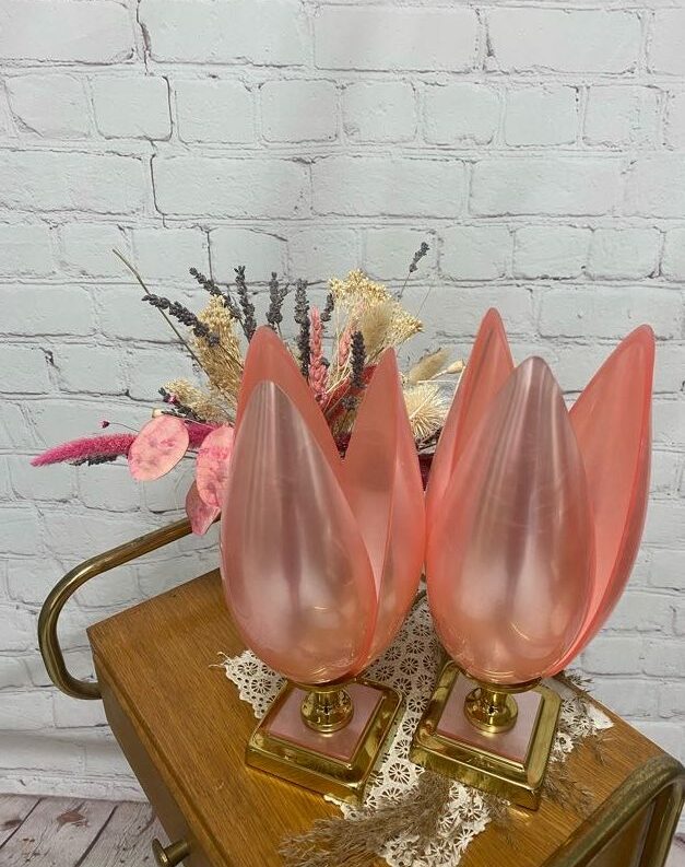 Duo de lampe vintage tulipe design crocus en polycarbonate nacre rose années 70