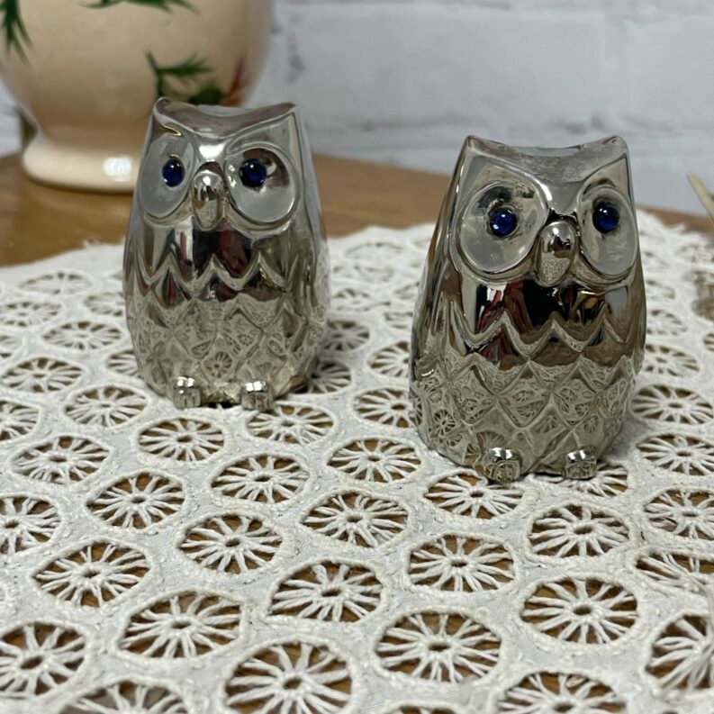 suo sel poivre saliere poivrier chouette hiibou vaisselle vintage metal argent