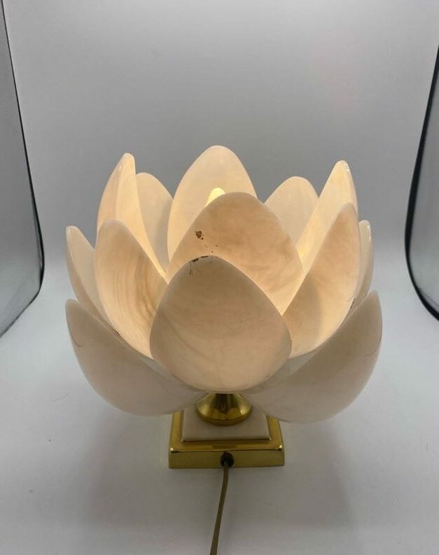 Lampe vintage tulipe design lotus en polycarbonate marbre blanc et rose années 70